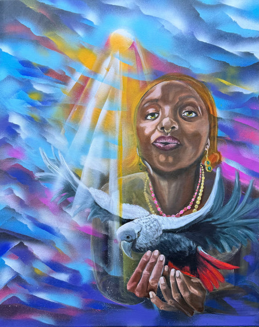 This piece portrays a suspended moment where a contemplative Oya lifts a striking African parrot into shafts of warm light amid a swirl of blues, magentas and gold. The subject’s steady gaze, septum ring and layered beads sit behind the bird’s slate plumage and red tail, creating a charged, intimate dialogue between spirit and wild. Luminous rays carve the haze, revealing soft hands, alert eyes and a tension that is at once tender and ominous—mystery tempered by quiet strength.